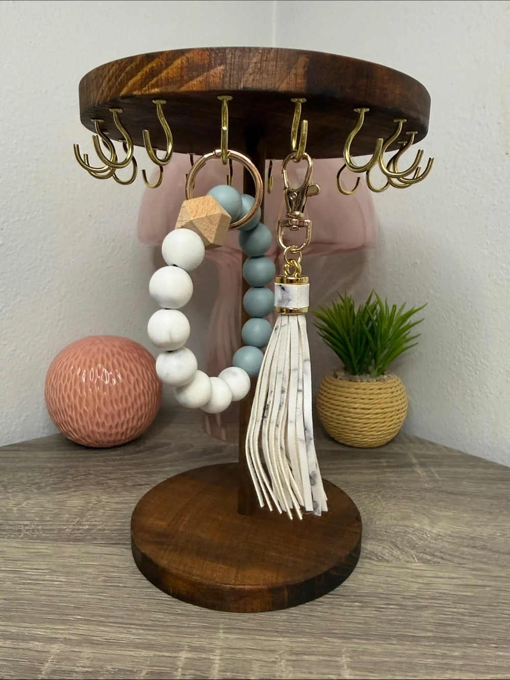 Gray & White Beaded Tassel Keychain Bracelet